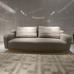 Luxury Light Gray Leather & Teal Velvet Sofa Set with Brand-Embossed Cushions & Gold Stainless Steel Base